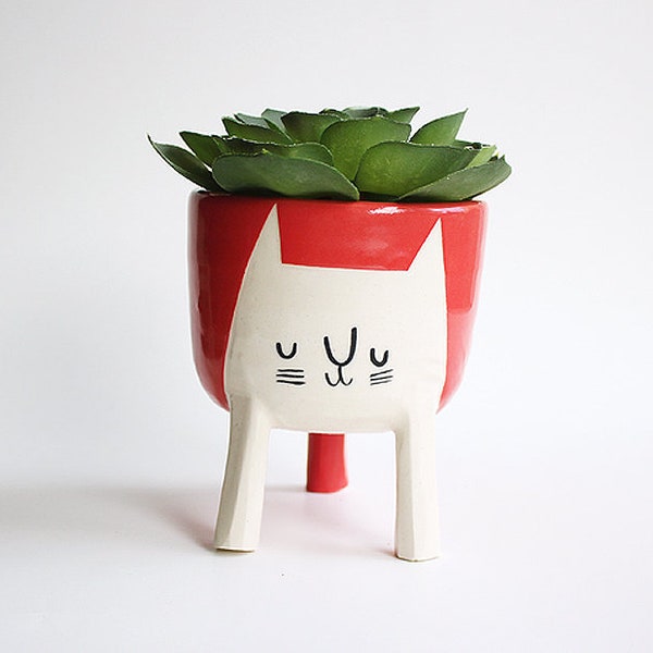 Ready to ship! Large Three-legged Cat Planter in Coral Red (free shipping) by Beardbangs Ceramics!