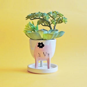 Ready to ship Small Three-legged Planter with Pink Cat and Black Flower by Beardbangs Ceramics image 1