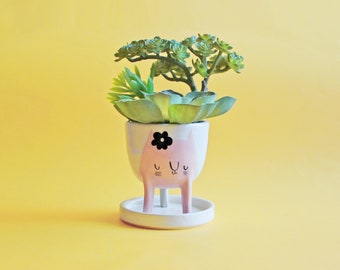 Ready to ship! Small Three-legged Planter with Pink Cat and Black Flower by Beardbangs Ceramics!