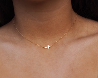 Tiny Gold Cross Necklace, Sideways Cross Necklace, Sterling Silver Cross Necklace, Gold Cross Necklace, Rose Gold Cross Necklace