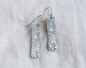 Sterling Silver FLORAL EARRINGS • Oxidized Sterling Silver Earrings • Long Flower Earrings • Botanical Earrings Gift • Nature Lover Gift