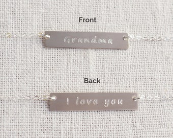 REVERSIBLE "Grandma/I Love You" Bar Necklace in Sterling Silver, Gold Filled or Rose Gold Filled • "Grandma/Thank You" • "Grandma/You Rock"