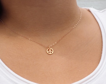 Rose Gold Peace Necklace • Tiny Rose Gold Peace Sign Necklace • Layering Necklace • Dainty Necklace