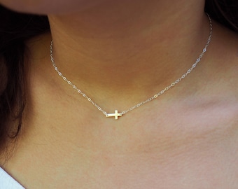 CROSS Necklace in Sterling Silver, Gold or Rose Gold • Dainty Cross Necklace • Sideways Cross Necklace • Layering Necklace •