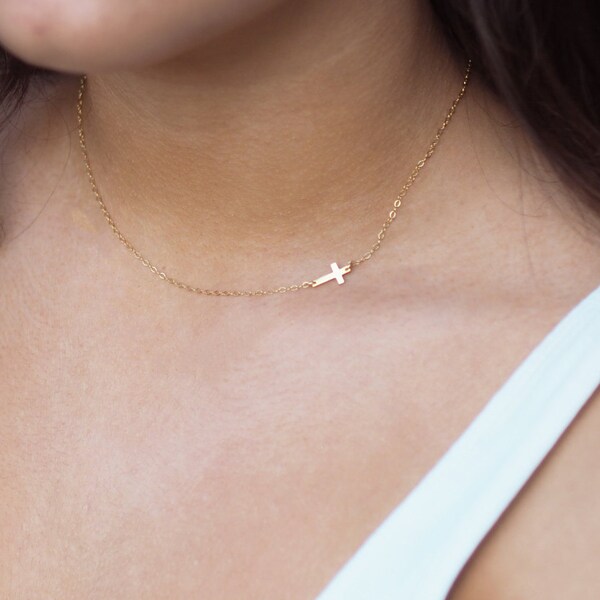 Gold SIDEWAYS CROSS Necklace • Gold Cross Necklace • Off Side Cross Necklace • Dainty Necklace • Gold Necklace • Tiny Cross Necklace
