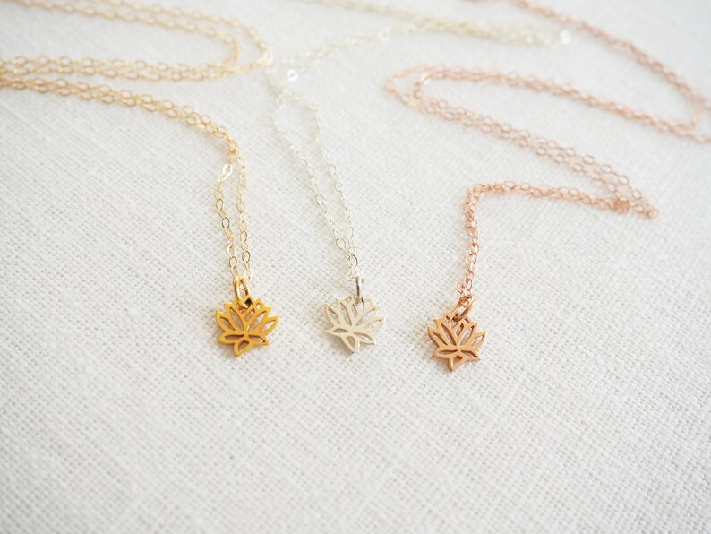 LOTUS Necklace in Sterling Silver, Gold or Rose Gold Dainty Lotus Necklace Yoga Necklace Layering Necklace image 3