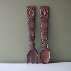 Vintage Hand Carved Wooden Spoon and Fork - Giant Size - 26&quot; long