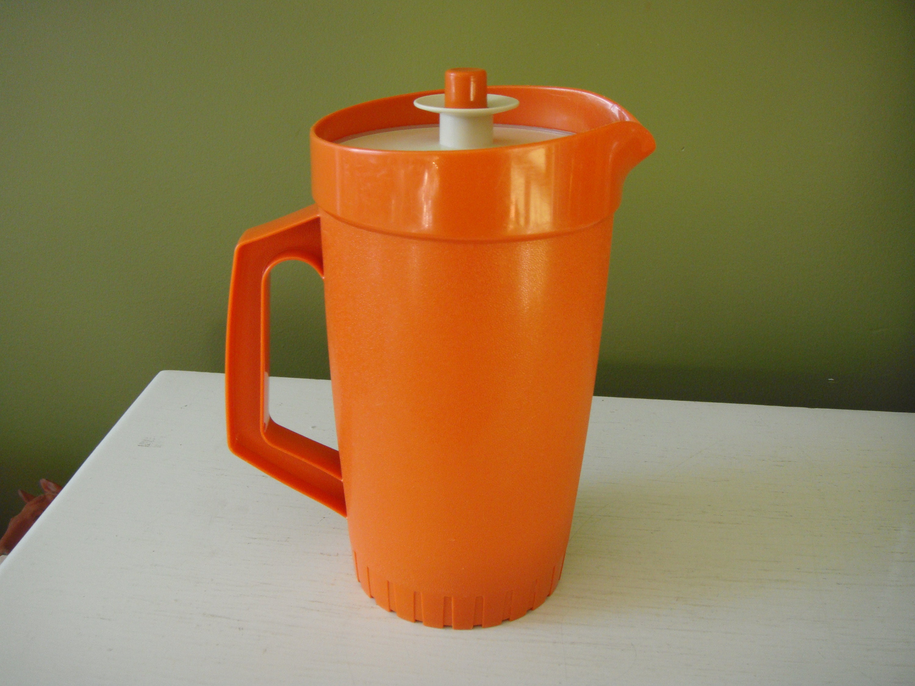 Vintage Tupperware Small Pitcher Red Push Button Top Frosted White Base  1681-3, Kitchen Must Have, Home Decor 