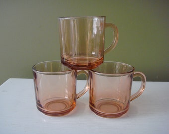 Vintage Pink Glass Mug Set - Set of 3 - Peach Glass Mugs