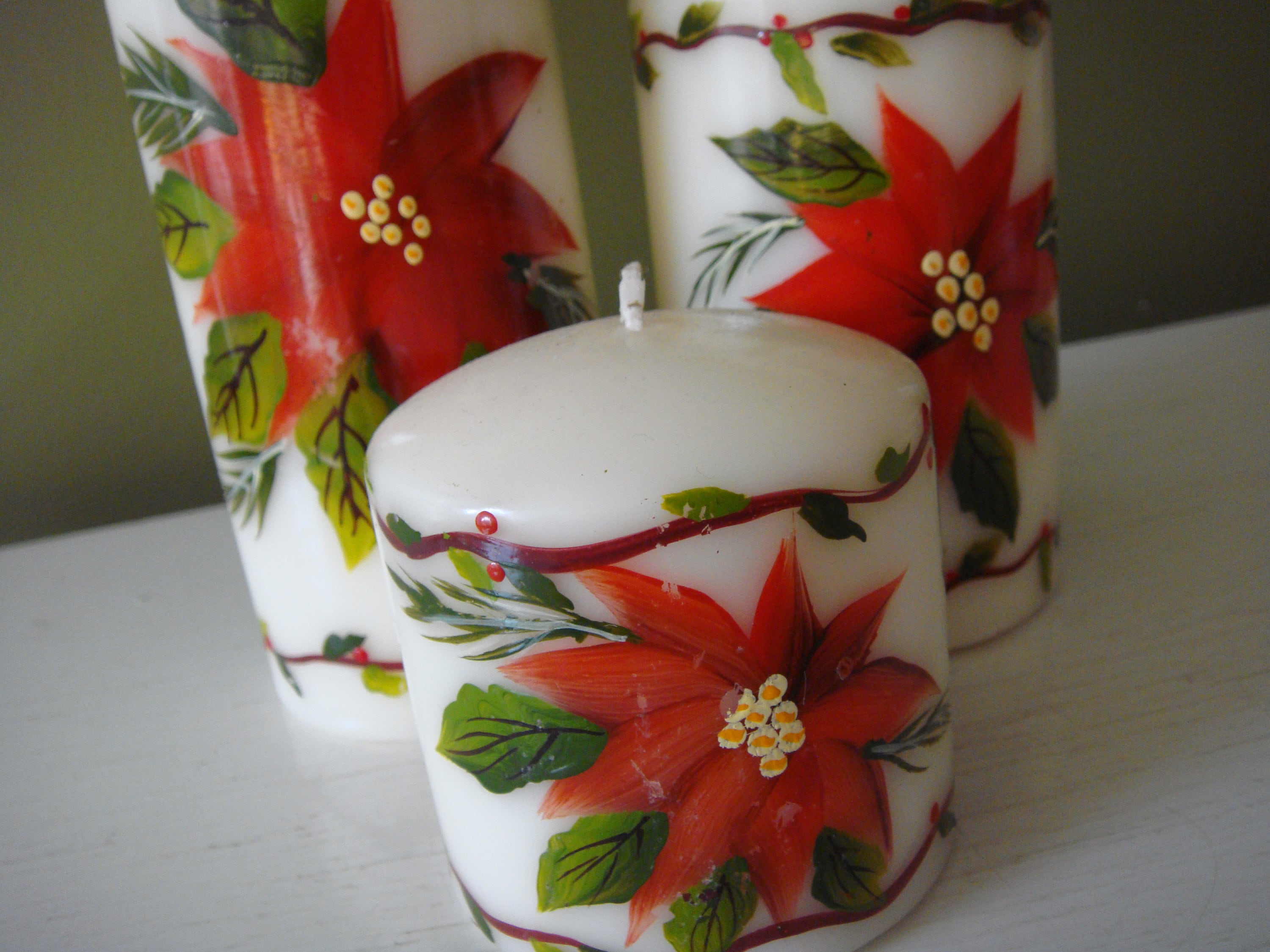 Vintage Christmas Candles W/ Poinsettia Set of 3 Vintage Christmas