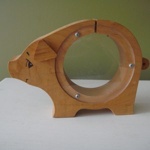 Vintage Wooden Pig Piggy Bank - Money Box - Coin Bank