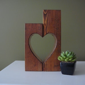 Vintage Wood Tealight Candle Holders with Copper Heart Design - Set of 2