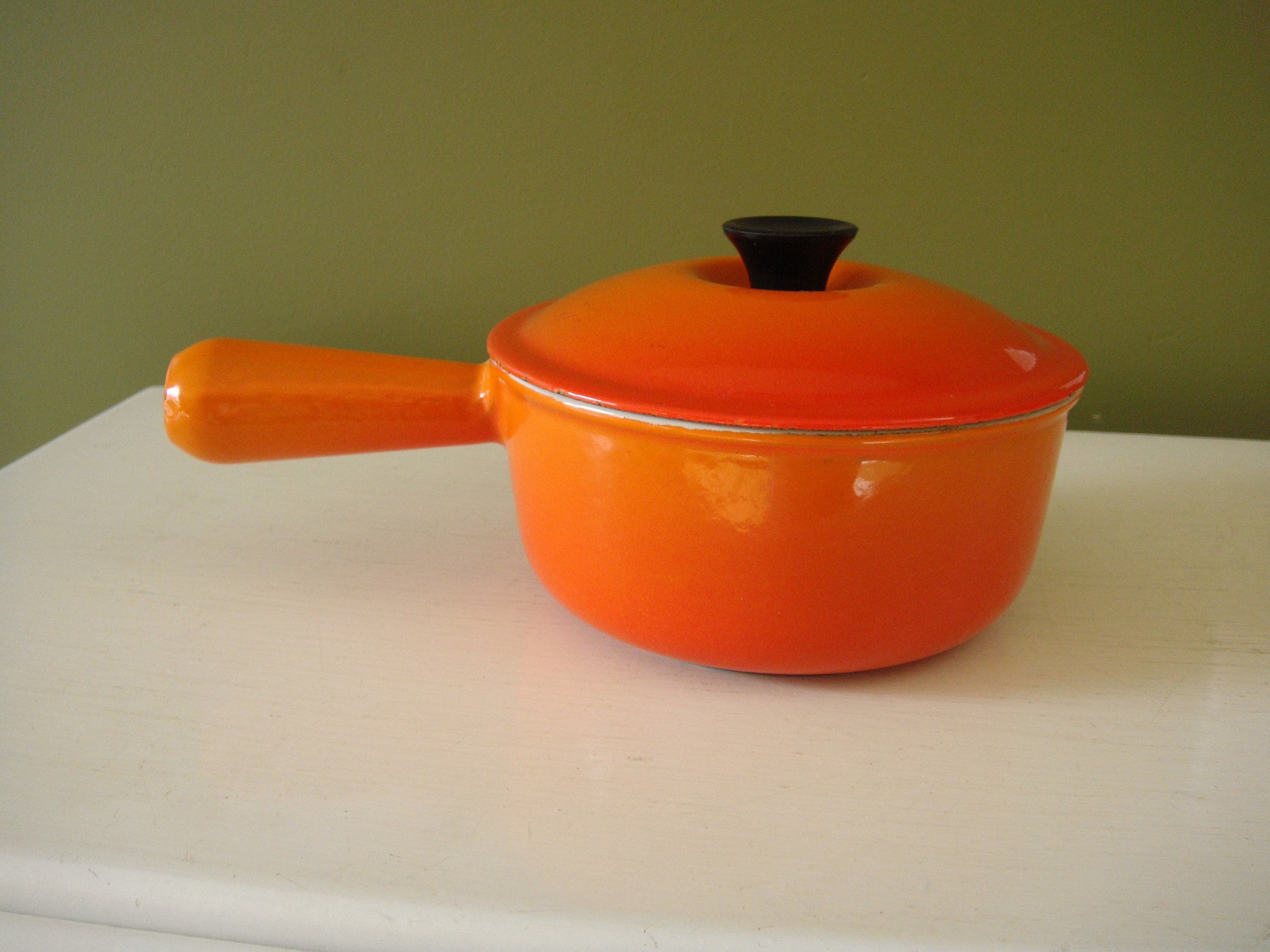Vintage Le Creuset Sauce Pan & Lid #18 Flame Orange Cast Iron Wooden Handle
