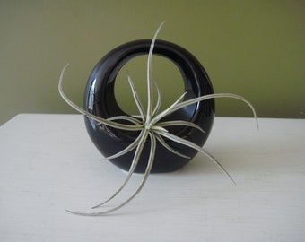 Vintage Black Ceramic Circular Bud Vase