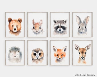 Woodland Nursery Print Set of 8, Watercolor Forest Animal Wall Art, Bear Fox Deer Owl Bunny, Neutral Baby Room Decor, Printable Download