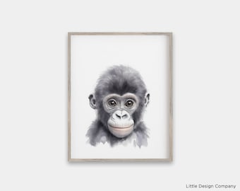 Watercolor Baby Gorilla Nursery Print, Jungle Animal Wall Art (Digital Download)