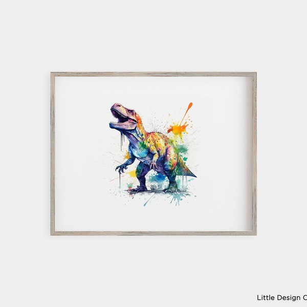 Bold Dinosaur Watercolor Kids Room Decor - Printable Wall Art - T-Rex Tyrannosaurus Rex Prehistoric Theme - Dinosaur Print - Colorful Tones