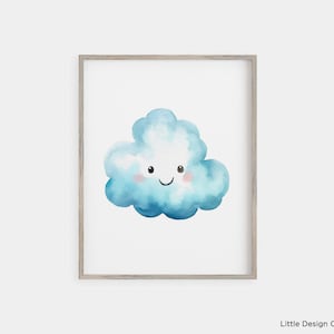 Peut inclure: Une peinture à l'aquarelle d'un nuage bleu avec un visage souriant. Le nuage est peint dans un schéma de couleurs bleu clair et blanc et est encadré dans un cadre en bois clair.