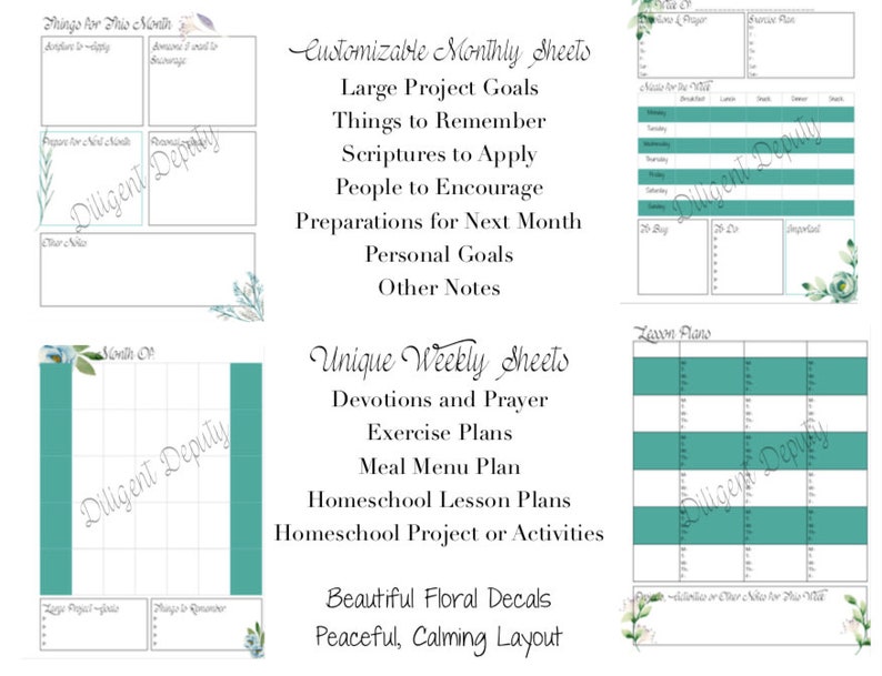 Customizable Christian Homeschool Planner Download Printable TEAL Floral image 4