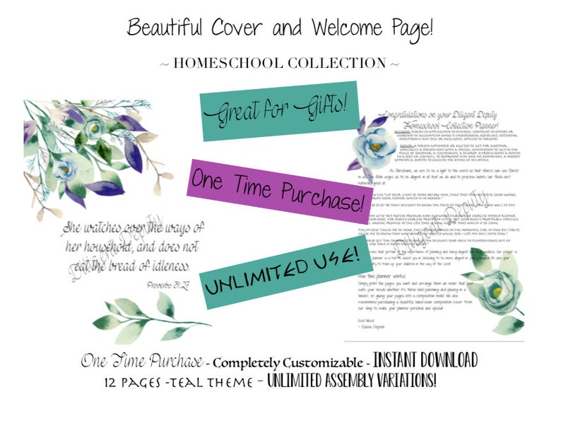 Customizable Christian Homeschool Planner Download Printable TEAL Floral image 3