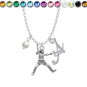 May include: Silver necklace with a softball player charm, a pearl bead, and a letter 'A' charm.