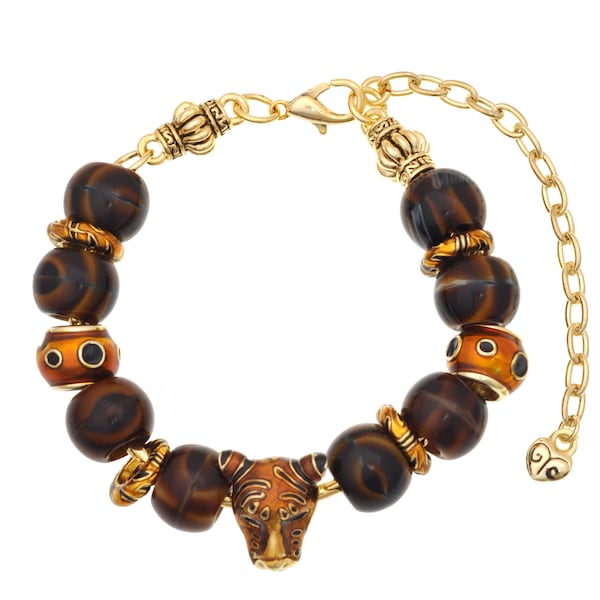 Tiger Bead Gold Charm Bracelet, Large Hole Bead Bracelet, Custom Engraved Monogram or Initial, Brown Charm Bracelet, Enamel Tiger Stripes