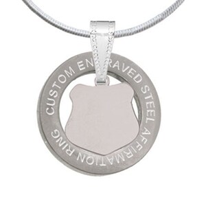 Stainless Steel Police Badge - Silver-tone Custom Engraved Ring Necklace, 18&quot;