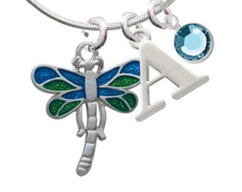 Dragonfly Necklace, Silver tone Capital Initial Charm Necklace with Crystal Drop, 18"
