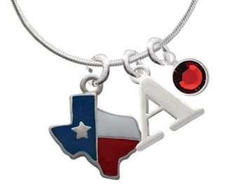 Texas Charm Necklace, Silver tone Capital Initial Charm Necklace with Crystal Drop, 18"