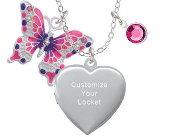 Hot Pink Butterfly Heart Locket Necklace, Personalized Locket, Engraved Locket, Personalized Necklace, Butterfly Gift, Butterfly Necklace