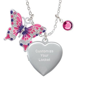 Hot Pink Butterfly Heart Locket Necklace, Personalized Locket, Engraved Locket, Personalized Necklace, Butterfly Gift, Butterfly Necklace