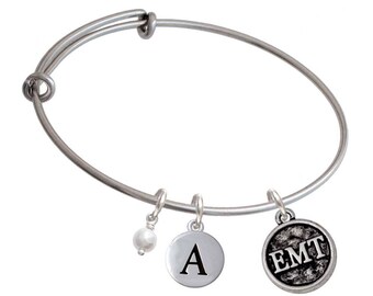 EMT Charm Bangle Bracelet - Pebble Initial & Crystal Color - Silver Plated Paramedic Jewelry, EMT BR-CT1094-Choice-F2084