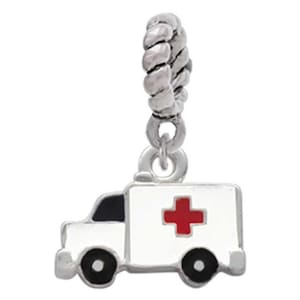 Enamel Ambulance - Charm Bead Dangle or Clip on Charm - Silver Plated Ambulance Large Hole Beads - EMT Gifts, Paramedic Gifts, C1059