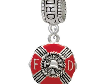Fire Department Medallion Charm Bead - Silver Plated Firefighter Jewelry, Large Hole Beads for European Bracelet, Christian Gifts, BH-C3560