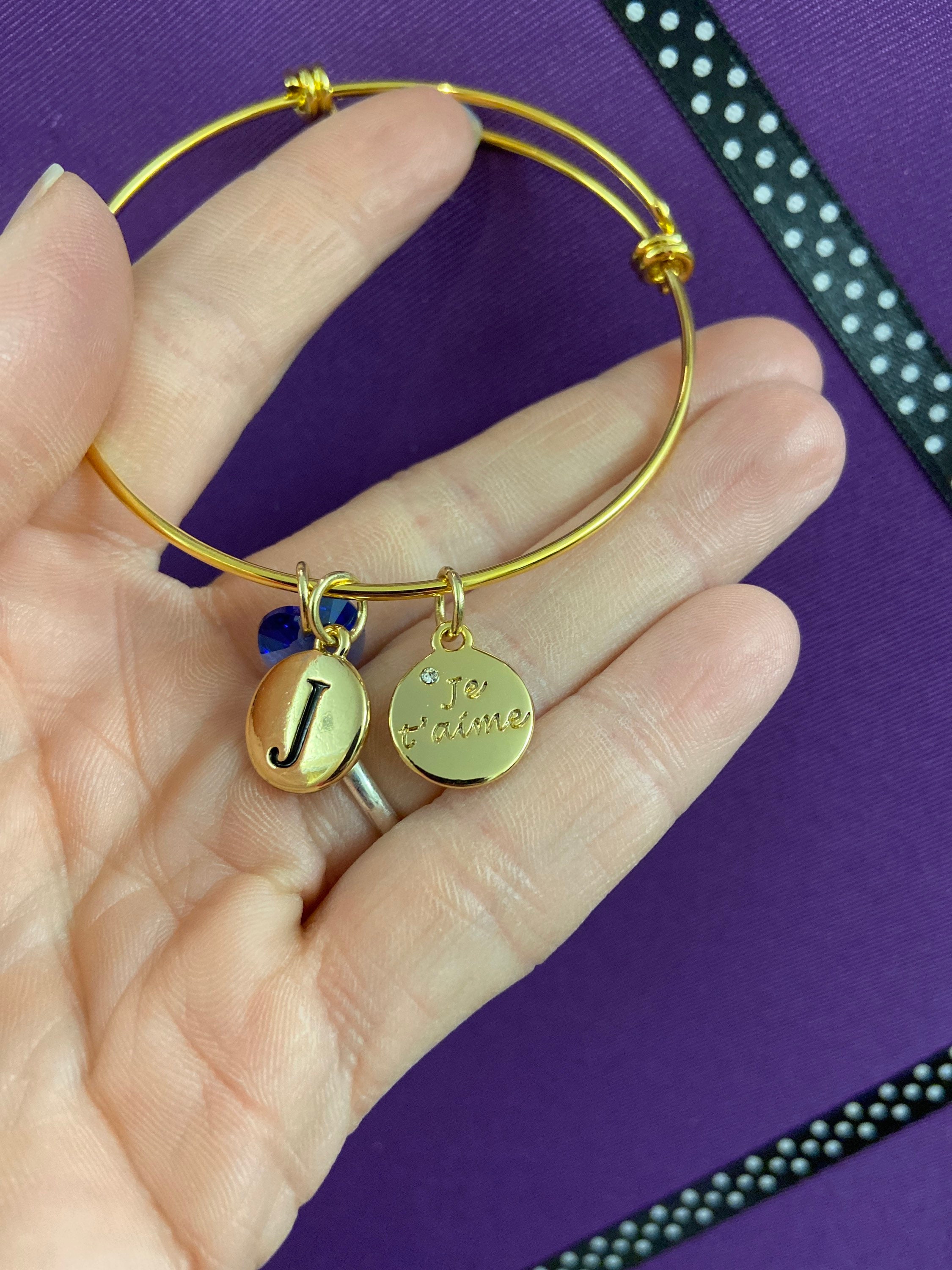 Je T'aime Charm Bangle Bracelet - Pebble Initial & Crystal Heart