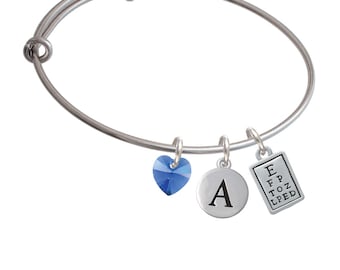 Eye Chart Charm Bangle Bracelet - Initial & Crystal Heart - Silver Plated Optometrist Jewelry, Optician Gifts, Ophthalmologist Gifts, C3647