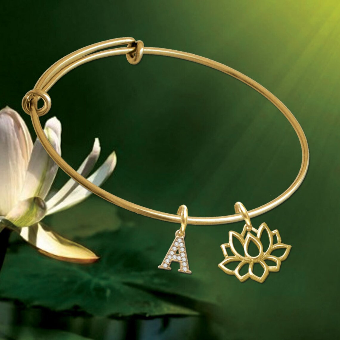 Lotus Bracelet Lotus Flower Charm Bangle Bracelet Etsy