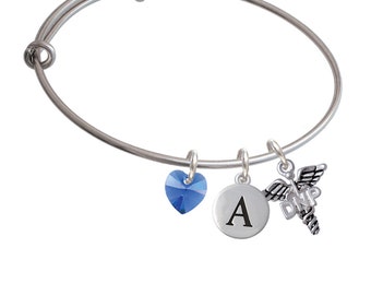 DNP Caduceus Charm Bangle - Pebble Initial & Crystal Heart - Silver Plated Doctor of Nursing Practice Jewelry - BR-C5002-SwH-PebI-F2084