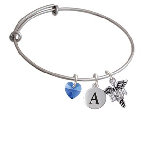 BSN Caduceus Charm Bangle - Pebble Initial & Crystal Heart - Silver Plated Bachelor of Science in Nursing Jewelry - BR-C5003-SwH-PebI-F2084