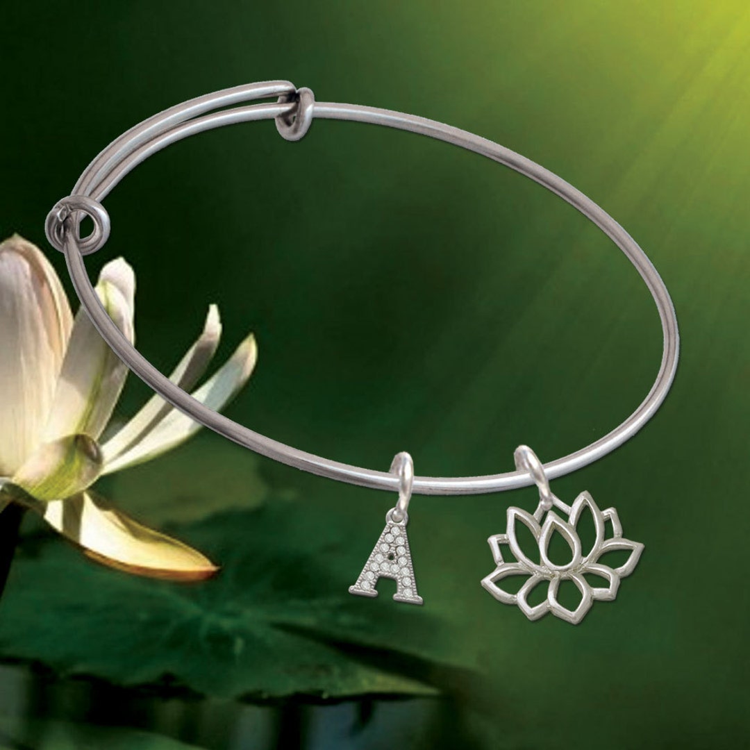 Lotus Bracelet, Lotus Flower Charm Bangle Bracelet Personalized Crystal