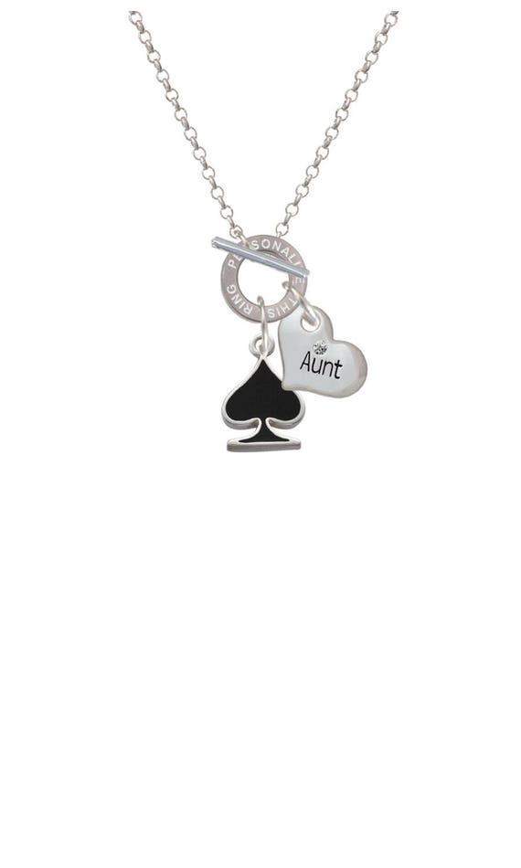 Enamel Black Spade Charm custom Engraved Name Ring Toggle Necklace