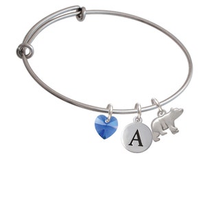 Bear Charm Bangle Bracelet - Pebble Initial & Crystal Heart - Silver Plated Bear Jewelry, Courage Bravery Jewelry BR-C3525-SwH-PebI-F2084