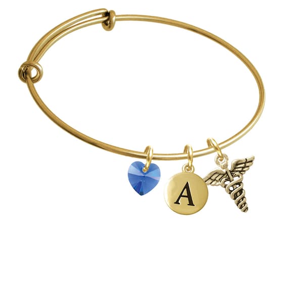 Medical Caduceus Charm Bangle Bracelet - Pebble Initial & Crystal