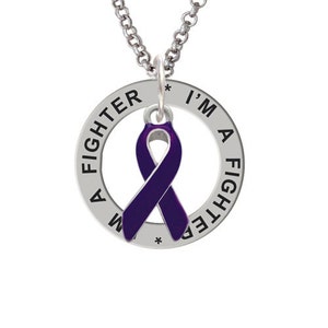 May include: A silver necklace with a round pendant that says "I'm a fighter" and features a purple ribbon in the center.