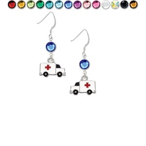 EMT Ambulance Earrings - Crystal Link/Sterling Silver French Hooks - Silver Plated Paramedic Jewelry, Select Color: EF-C1059-SwC-F1728