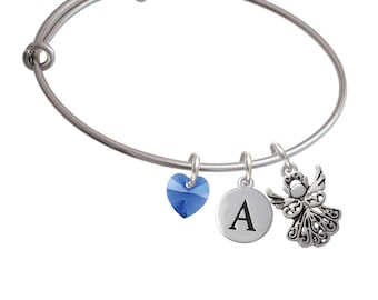 Angel Charm Bangle Bracelet - Pebble Initial & Crystal Heart - Silver Plated Guardian Angel Jewelry, BR-C2519-SwH-PebI-F2084