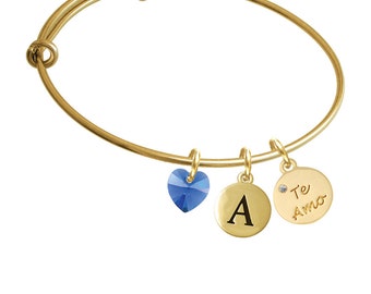 Te Amo Charm Bangle Bracelet - Pebble Initial & Crystal Heart - Gold Tone Spanish I Love You Jewelry BR-C6075-SwH-PebI-F2084-GP