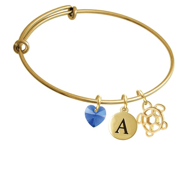 Cutout Sea Turtle Charm Bangle Bracelet - Pebble Initial & Crystal Heart - Gold Tone Sea Turtle Jewelry, BR-C5972-SwH-PebI-F2084-GP