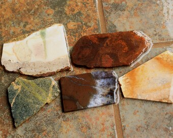 5 Small Mixed Slabs, Pastelite, Amethyst Sage, Coral, Rusty Jasper, and Green Jasper