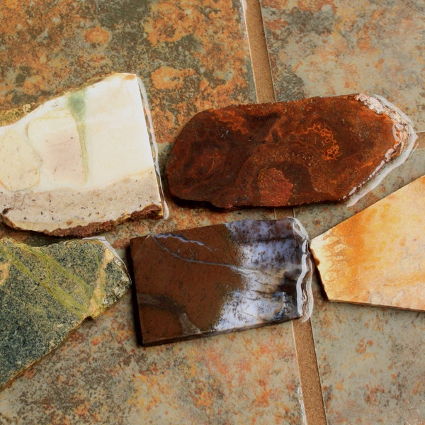 5 Small Mixed Slabs, Pastelite, Amethyst Sage, Coral, Rusty Jasper, and Green Jasper